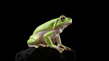 Obraz premium A lone dark background with a white tree frog perched on a flower