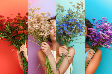 Happy Women's Day - March 8. Charming ladies with beautiful flowers on a bright background, creative collage