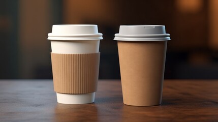 two paper coffee cups on a table - obrazy, fototapety, plakaty