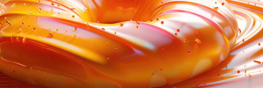 glazed donut in orange fruit cream, close-up, dessert texture for banner