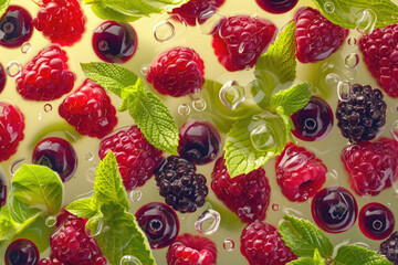 close-up, fresh berries floating in jelly, raspberries, strawberries, currants, blackberries, mint leaves, fresh fruit juice, texture and background