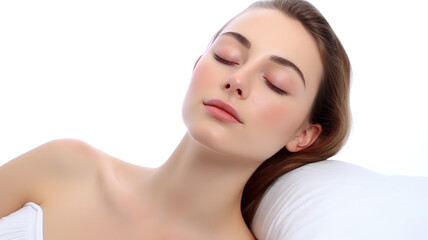 Naklejka premium A solitary woman sleeping against a stark white background