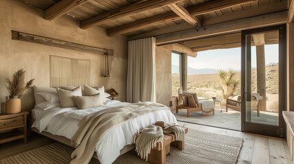 Fototapeta na wymiar A contemporary desert-inspired bedroom with warm earthy hues, textured fabrics, and rustic wood accents, offering a cozy oasis in the midst of arid landscapes.