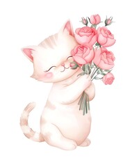 Watercolor illustration of a cute white cat with bouquet of pink roses on white background.