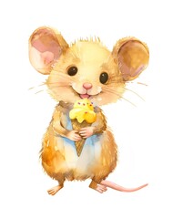 Watercolor illustration of a cute mouse eating ice cream isolated on white background.