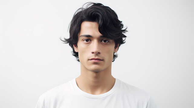 Young black-haired man standing alone against a stark white background