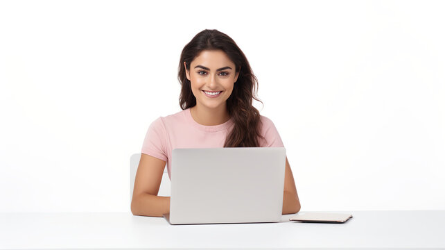 Young, self-assured woman with a grin on her face using a laptop isolated against a stark white background