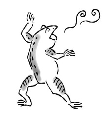 日本画（水墨画）タッチのカエルの擬人化したイラスト-驚く