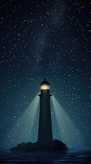 black image of a lighthouse with glowing rays among the night starry sky