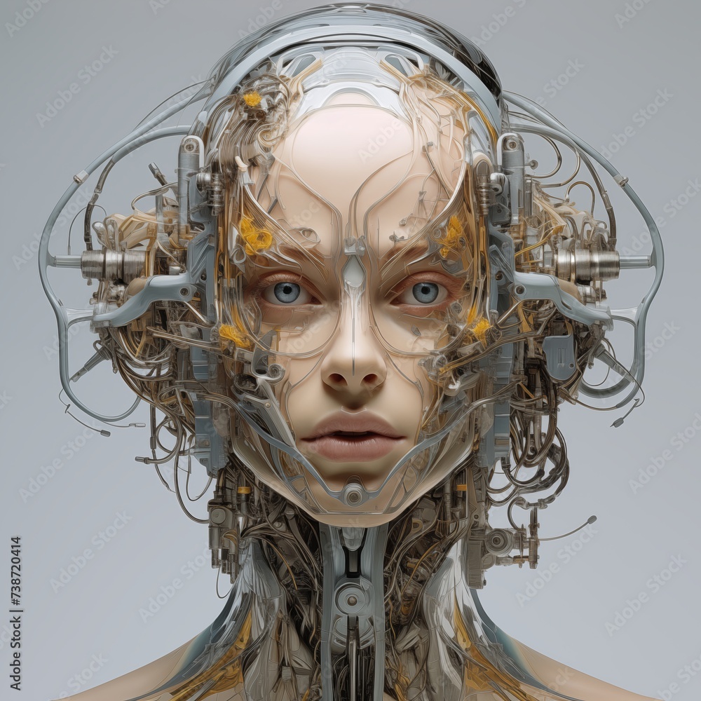 Poster a close-up image of a womans head with various wires attached to it. generative ai