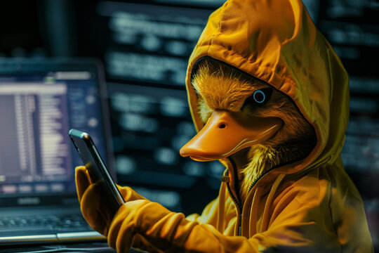 yellow duck wearing yellow hoodie in hacker character