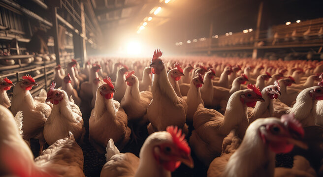 A bustling industrial poultry farm, a broiler. Generative AI.
