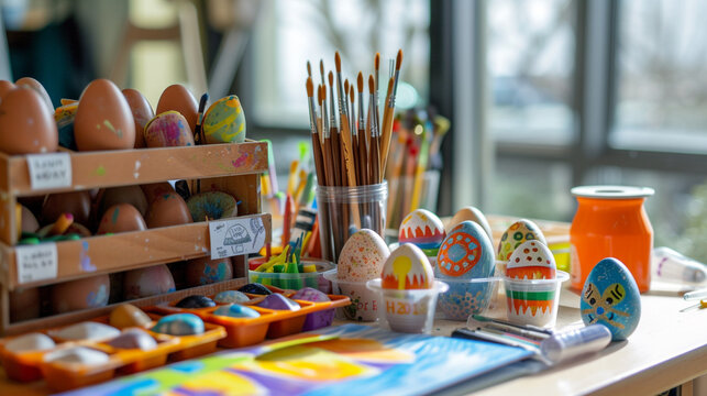 A family Easter art and craft station, with various materials for creative expression, encouraging families to unleash their artistic talents in a fun and festive environment.