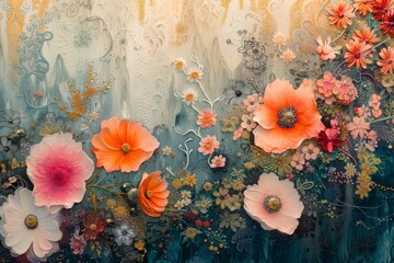 Enchanting Floral Artwork with Vivid Blossoms
A textured painting adorned with vibrant flowers in full bloom, intricately layered on a whimsical backdrop, exuding an enchanting aesthetic.
