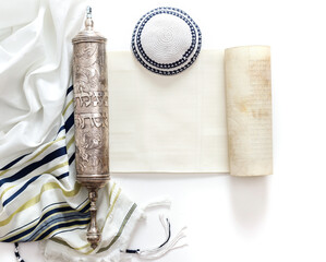 The Scroll of Esther, Tallit, Kippah and Purim Festival objects.