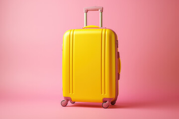 Yellow modern suitcase on pink background