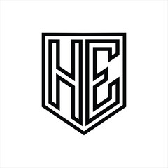 HE Letter Logo monogram shield geometric line inside shield isolated style design
