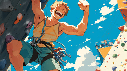 スポーツクライミングをしている男性　ガッツポーズ　喜ぶ　ゴール