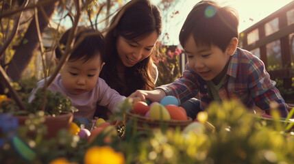 A heartwarming Easter family egg hunt in a backyard garden, with children and parents searching for hidden eggs, their excitement captured in candid moments of discovery.