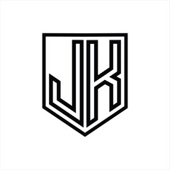 JK Letter Logo monogram shield geometric line inside shield isolated style design