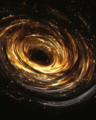 Abstract Golden Swirl with Sparkling Particles on Black Background, Conveying Luxury, Dynamic Motion and Festive Celebration Concept