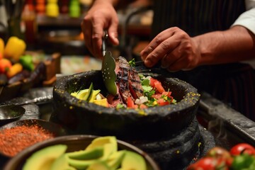 A chef's hands expertly prepare a traditional molcajete dish with grilled meat and fresh salsa, showcasing the rich culinary traditions of Mexican cuisine