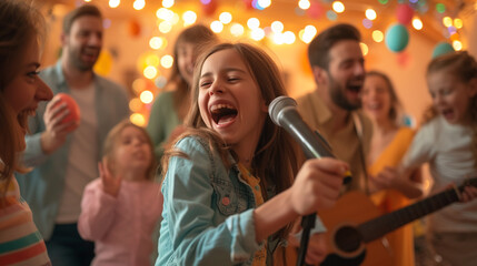 A lively Easter family karaoke night, with families singing and dancing to favorite tunes, capturing the joy and laughter of a festive and entertaining celebration.
