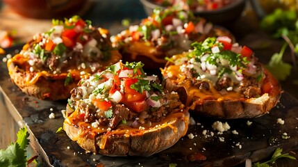 Mexican molletes open-faced sandwiches with refried beans, cheese, and salsa on toasted bolillo rolls - obrazy, fototapety, plakaty