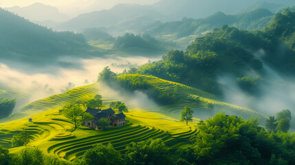 Terraced rice fields in the morning in foggy day in asia.