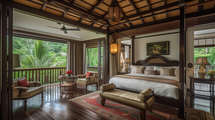 Fototapeta na wymiar A luxurious master suite with a four-poster bed, sumptuous velvet upholstery, and a private balcony overlooking lush gardens, offering a serene retreat.