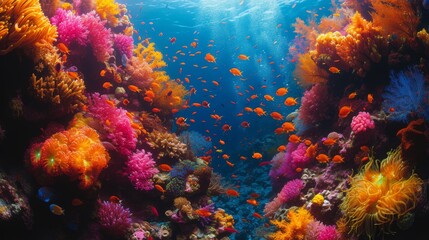 Fototapeta premium Vivid Coral Reef Teeming with Marine Life: An underwater spectacle of a vivid coral reef bursting with a kaleidoscope of colors and marine life.