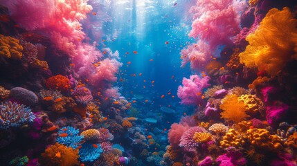 Vivid Coral Reef Teeming with Marine Life: An underwater spectacle of a vivid coral reef bursting with a kaleidoscope of colors and marine life.