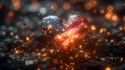 Love America concept. Heart shaped balloon with national flag of USA and fireworks on bokeh background with sparkles. 3d rendering. - obrazy, fototapety, plakaty