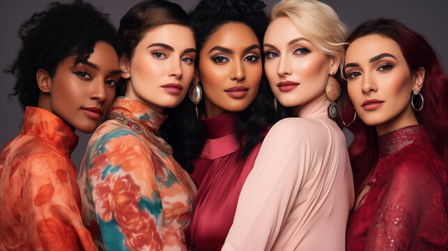 Group of multiethnic women with different kind of skin posing together in studio. Concept about body positivity and self acceptance