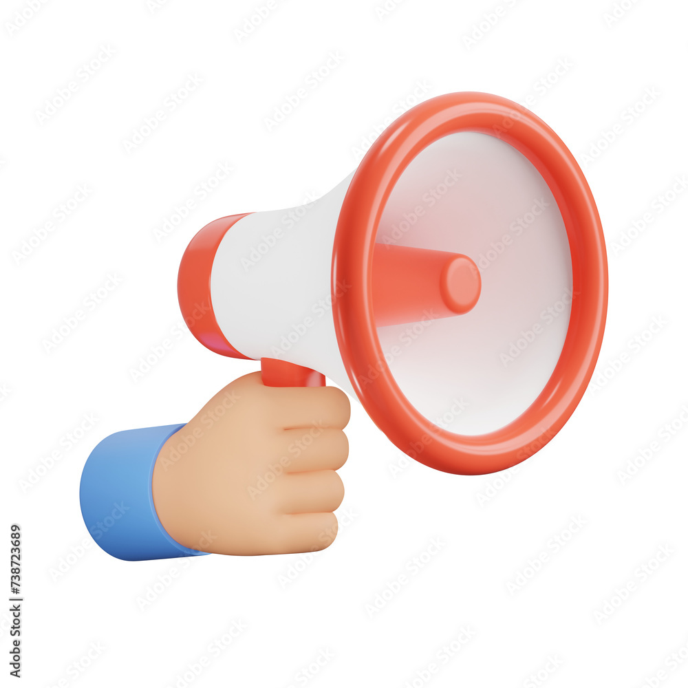 Poster megaphone in hand, 3d icon. a hand holding a megaphone. call to action. cartoon hand with a loudspea