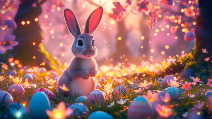 Fototapeta na wymiar A playful Easter bunny surrounded by a field of glowing, luminescent eggs, creating a magical and enchanting scene that evokes the spirit of wonder.