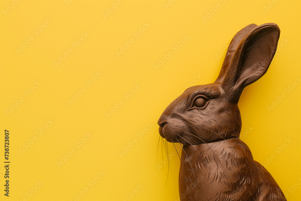 Sticker profile view of a chocolate easter bunny against a plain yellow background.