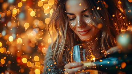 Beautiful girl with a glass of champagne on a background of bokeh lights. 