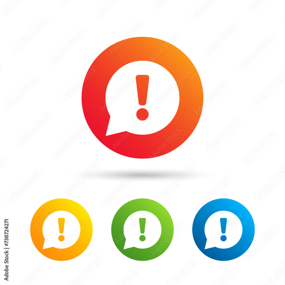 Aufkleber exclamation mark sign icon. attention speech bubble symbol. triangular low poly button with flat ico