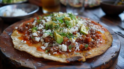 Mexican tlayuda Oaxacan pizza with refried beans, cheese, chorizo, avocado, and salsa on a crispy tortilla - obrazy, fototapety, plakaty