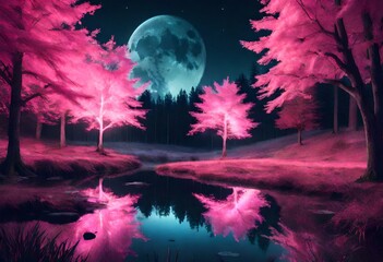 Obraz premium night landscape with moon and trees