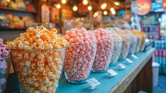 Colorful popcorn in a glass on the shelf of a candy shop. 