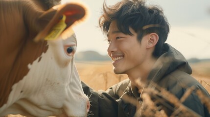 A Japanese dairy farmer stroking a cow with a gentle smile, field and industry. Generative AI.