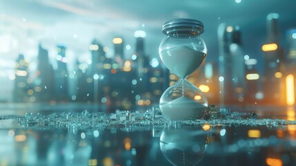 Digital hourglass set against a backdrop of a rapidly evolving cityscape, the sands flowing from tech innovation into a ticking time bomb at the bottom. Generative AI. - obrazy, fototapety, plakaty