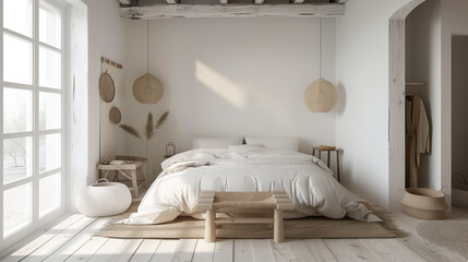 Fototapeta na wymiar A serene Scandinavian-inspired bedroom with white-washed walls, natural wood accents, and minimalist decor, creating a calming sanctuary for rest and rejuvenation.