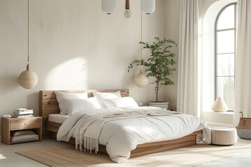 A serene Scandinavian-inspired bedroom with clean lines, natural wood accents, and soft neutral tones, creating a minimalist sanctuary for relaxation.