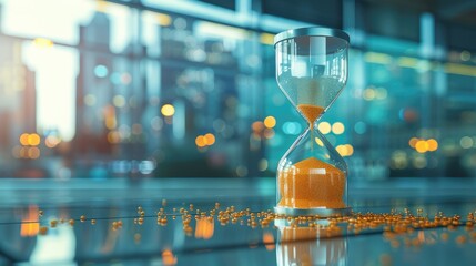 Digital hourglass set against a backdrop of a rapidly evolving cityscape, the sands flowing from...