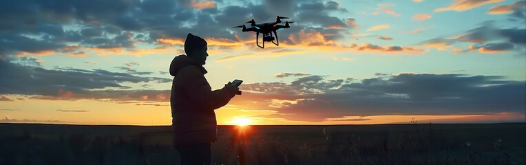 Fototapeta premium Young man controlling drone during serene sunset capturing essence of modern aerial technology and photography showcasing innovation in flight surveillance and videography with silhouette evening sky