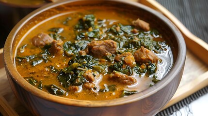Nigerian pounded yam with egusi soup made with ground melon seeds, spinach, and meat or fish