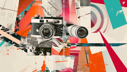 Paparazzi. Contemporary art collage. Colorful image of retro photo cameras. - obrazy, fototapety, plakaty
